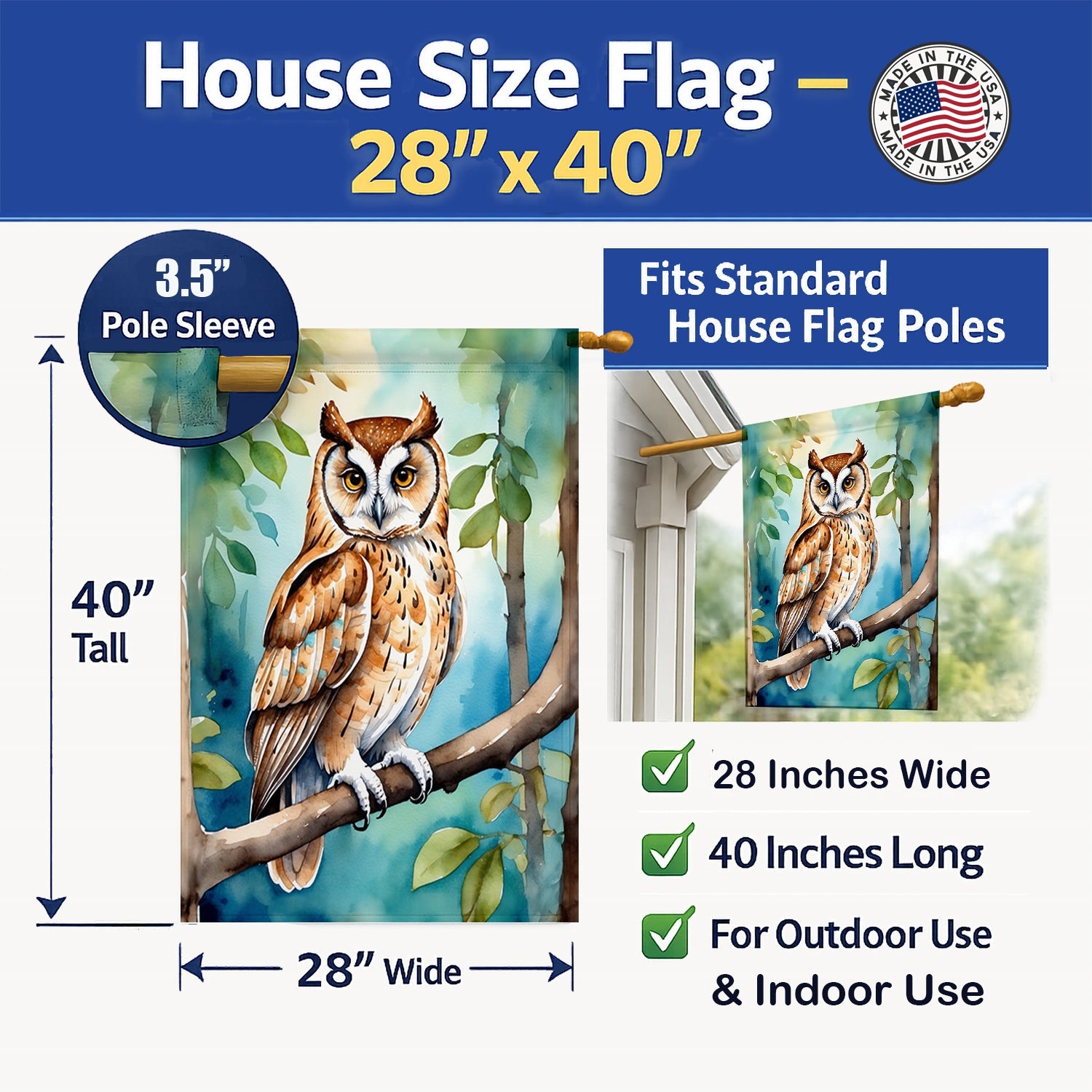 Oriental Bay Owl House Flag 28x40 Porch Sleeve Pole Decorative Outside Yard Banner Artwork Wall Hanging, Polyester