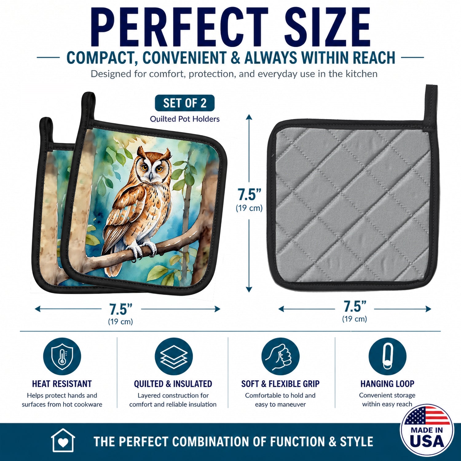 Oriental Bay Owl Pot Holder Set of 2 Heat Resistant Quilted Hot Pads 7.5 x 7.5 Inch, Insulated Kitchen Trivets for Cooking & Baking