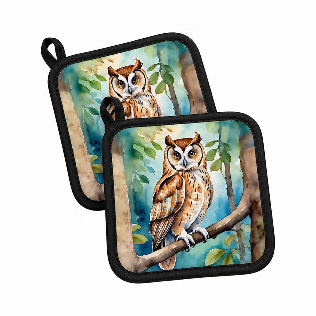 Oriental Bay Owl Pot Holder Set of 2 Heat Resistant Quilted Hot Pads 7.5 x 7.5 Inch, Insulated Kitchen Trivets for Cooking & Baking