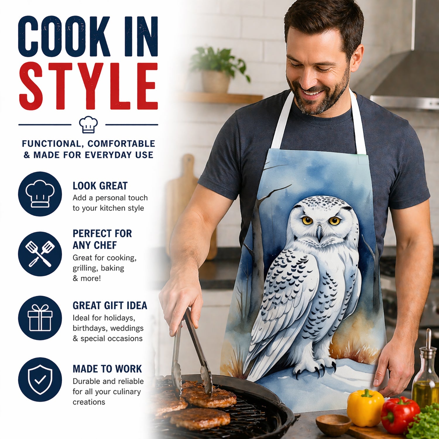 Snowy Owl Apron Cooking Kitchen Server Baking Crafts Gardening for Adult Women Men, Unisex, Large, Multicolor