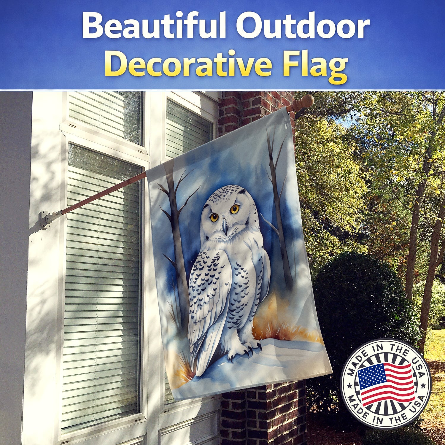 Snowy Owl House Flag 28x40 Porch Sleeve Pole Decorative Outside Yard Banner Artwork Wall Hanging, Polyester