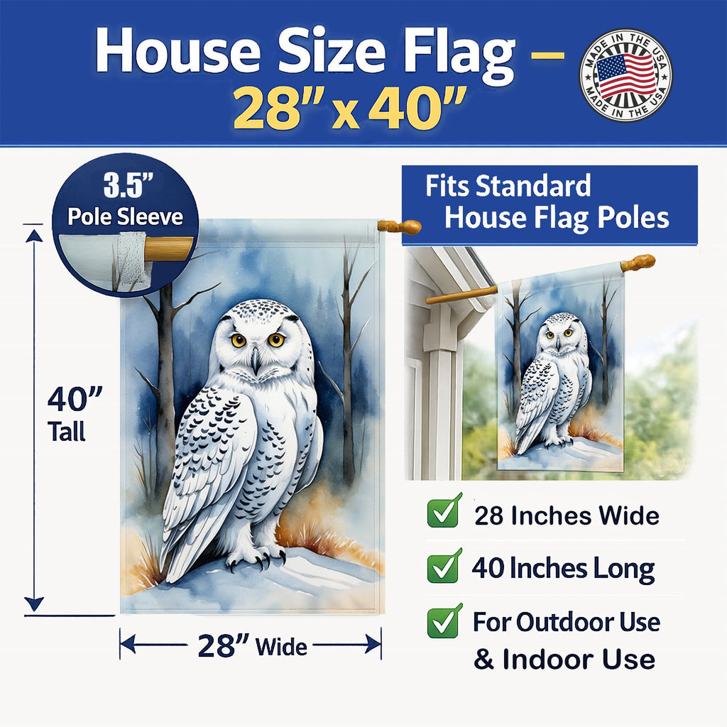 Snowy Owl House Flag 28x40 Porch Sleeve Pole Decorative Outside Yard Banner Artwork Wall Hanging, Polyester