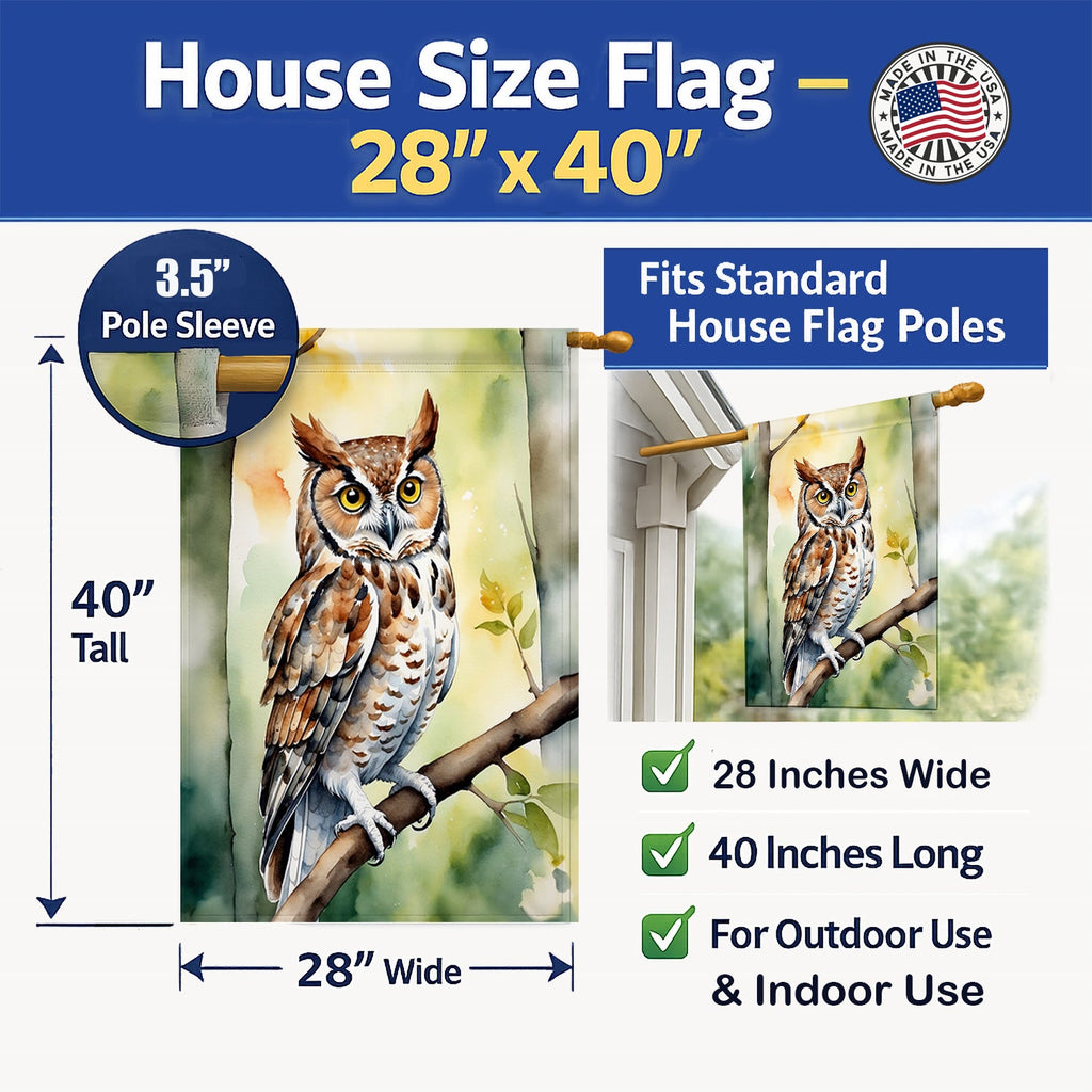 Eastern Screech Owl House Flag 28x40 Porch Sleeve Pole Decorative Outside Yard Banner Artwork Wall Hanging, Polyester
