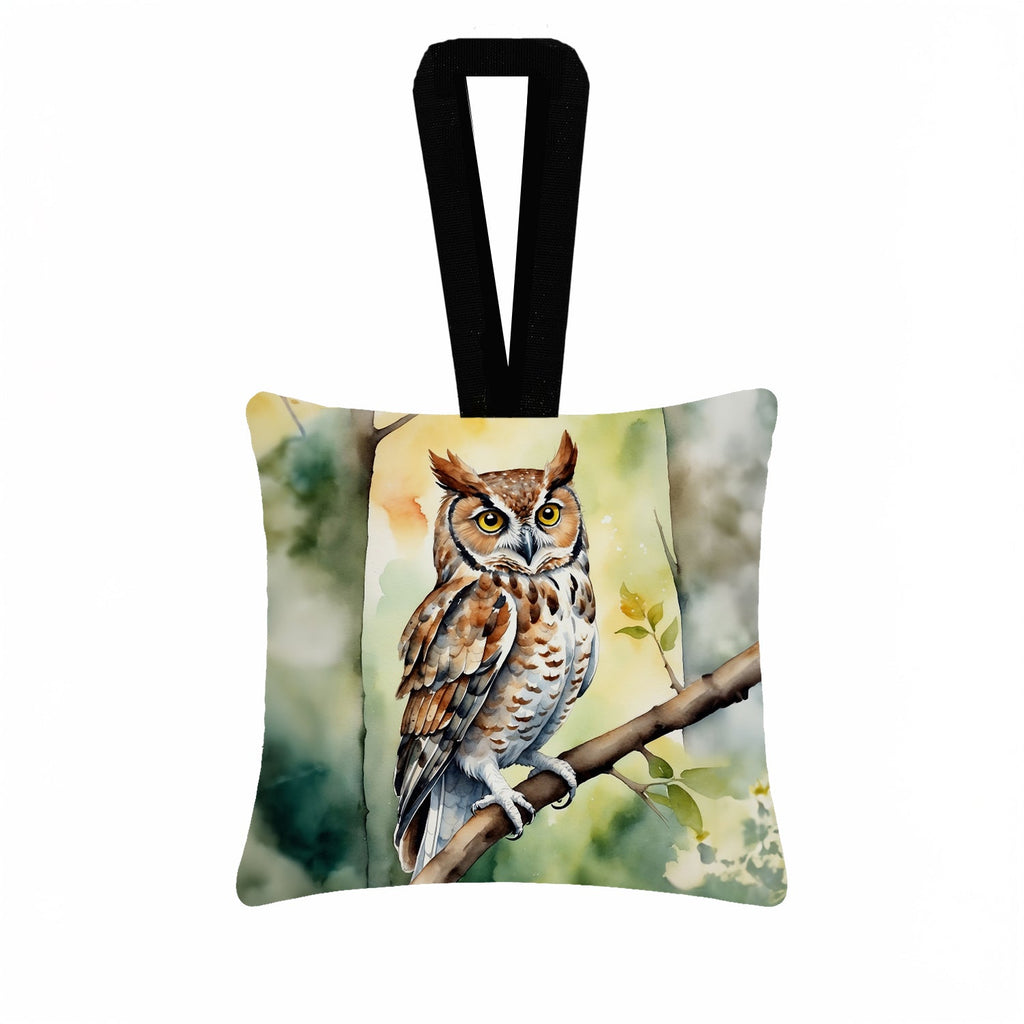Eastern Screech Owl Hanging Square Fabric Ornament 3.5 × 3.5 Decorative Door-Knob & Tree Hanger, Soft Fabric