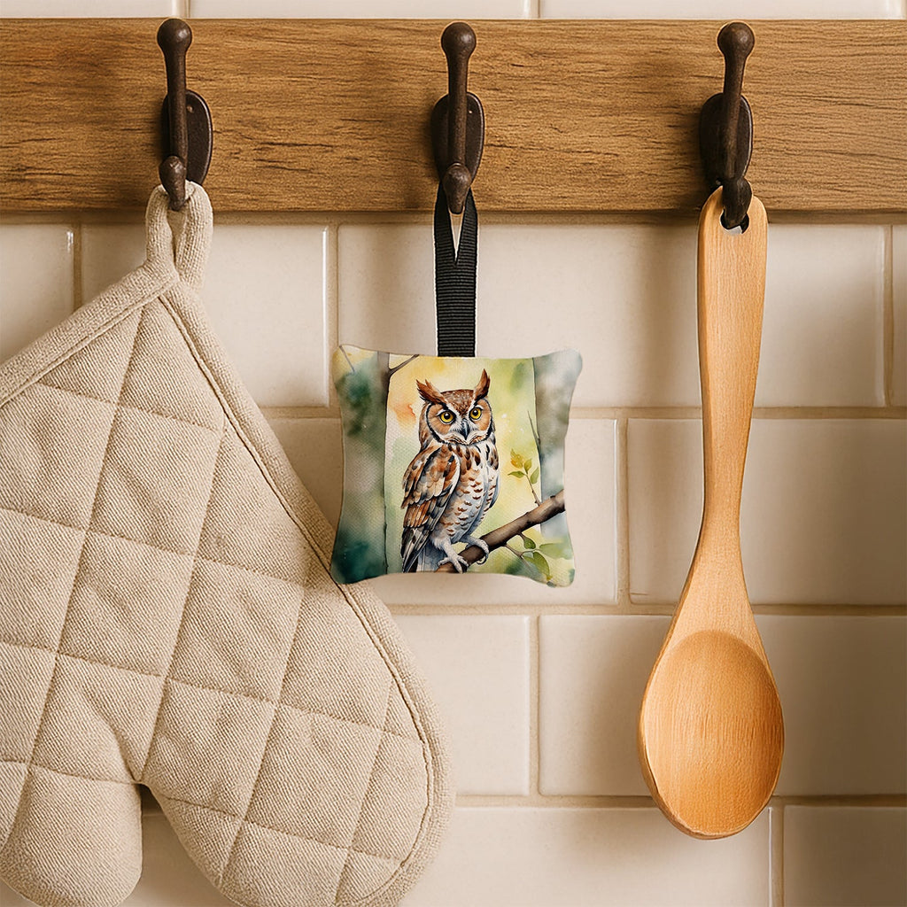 Eastern Screech Owl Hanging Square Fabric Ornament 3.5 × 3.5 Decorative Door-Knob & Tree Hanger, Soft Fabric