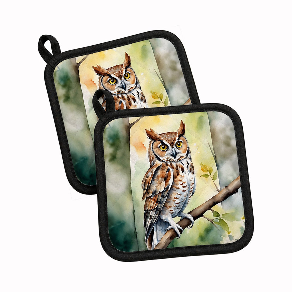 Eastern Screech Owl Pot Holder Set of 2 Heat Resistant Quilted Hot Pads 7.5 x 7.5 Inch, Insulated Kitchen Trivets for Cooking & Baking