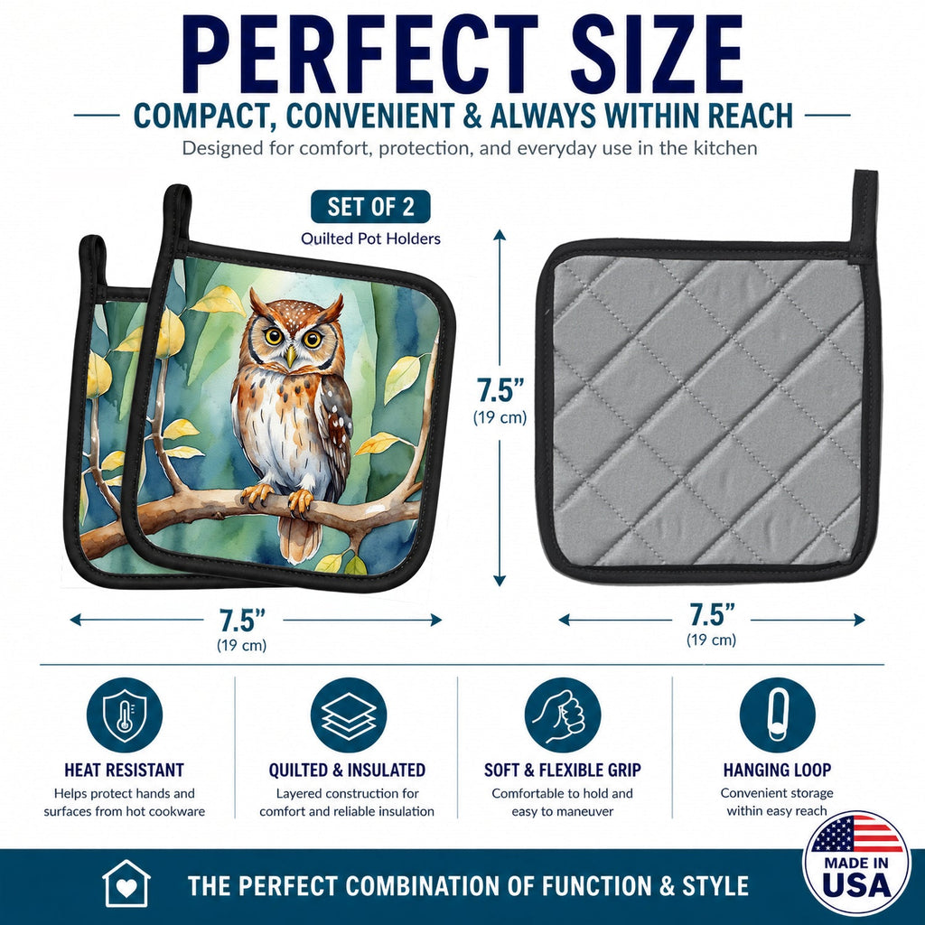 Elf Owl Pot Holder Set of 2 Heat Resistant Quilted Hot Pads 7.5 x 7.5 Inch, Insulated Kitchen Trivets for Cooking & Baking
