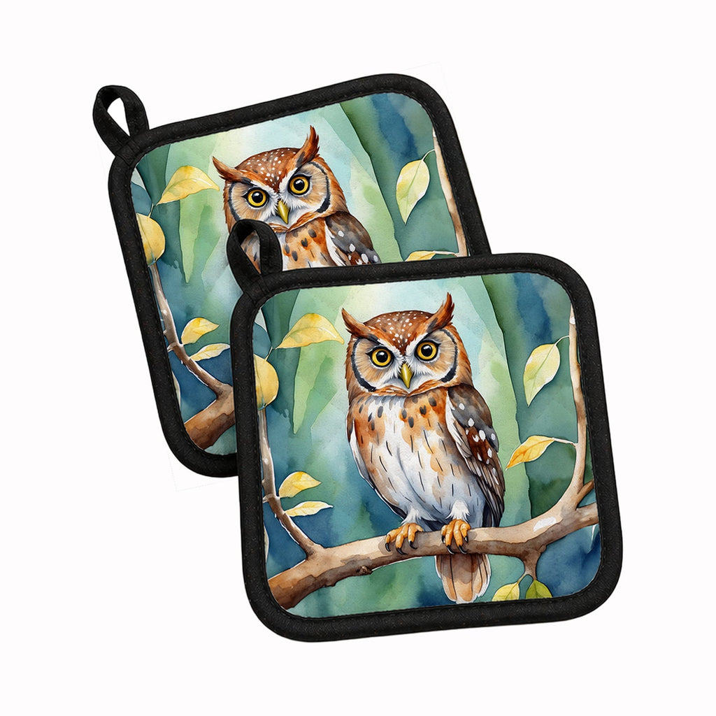 Elf Owl Pot Holder Set of 2 Heat Resistant Quilted Hot Pads 7.5 x 7.5 Inch, Insulated Kitchen Trivets for Cooking & Baking