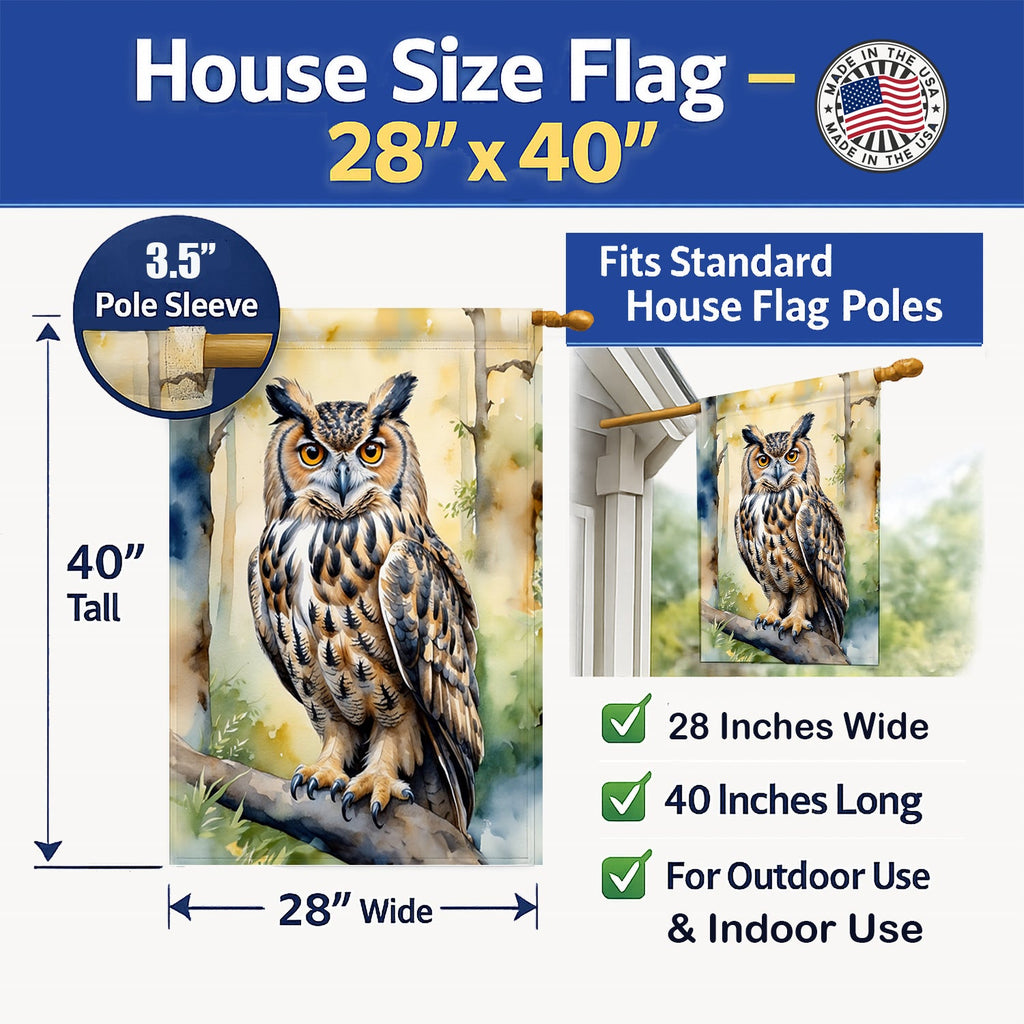 Eurasian Eagle Owl House Flag 28x40 Porch Sleeve Pole Decorative Outside Yard Banner Artwork Wall Hanging, Polyester