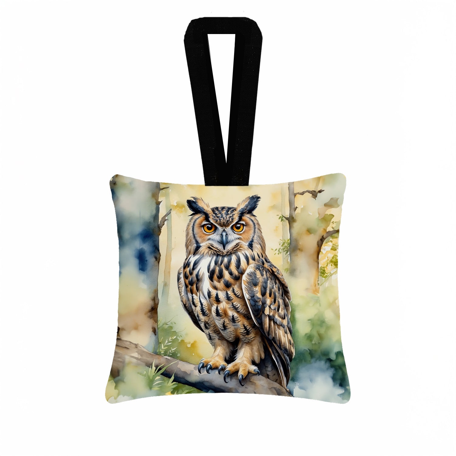 Eurasian Eagle Owl Hanging Square Fabric Ornament 3.5 × 3.5 Decorative Door-Knob & Tree Hanger, Soft Fabric