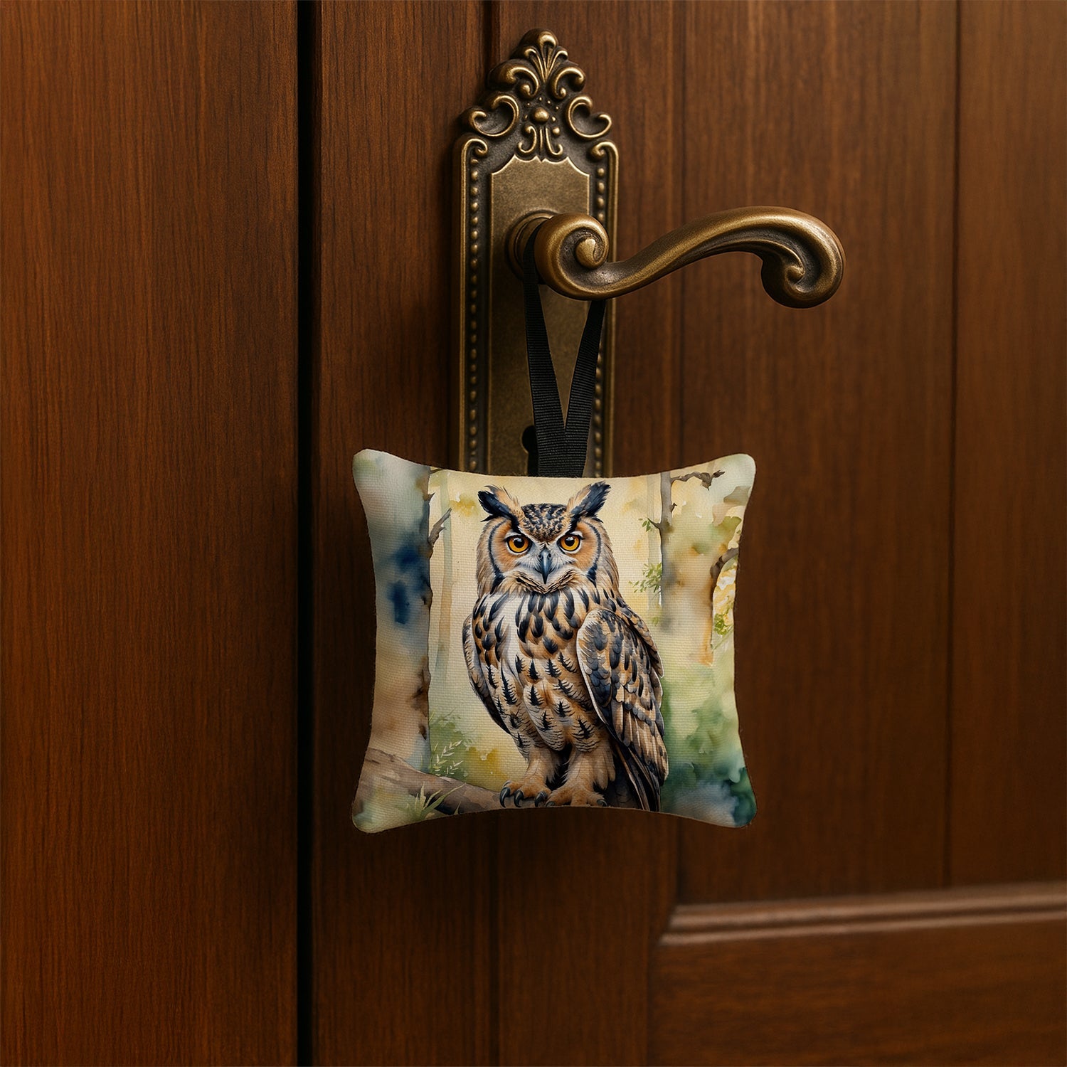 Eurasian Eagle Owl Hanging Square Fabric Ornament 3.5 × 3.5 Decorative Door-Knob & Tree Hanger, Soft Fabric