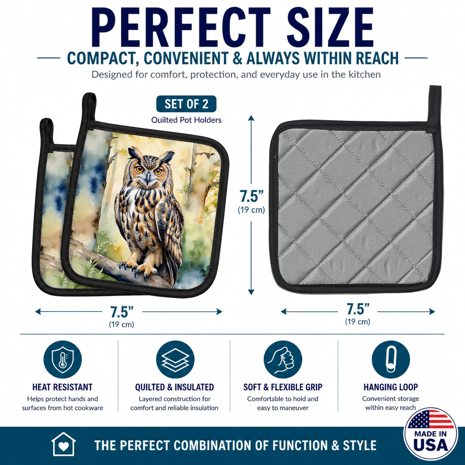 Eurasian Eagle Owl Pot Holder Set of 2 Heat Resistant Quilted Hot Pads 7.5 x 7.5 Inch, Insulated Kitchen Trivets for Cooking & Baking