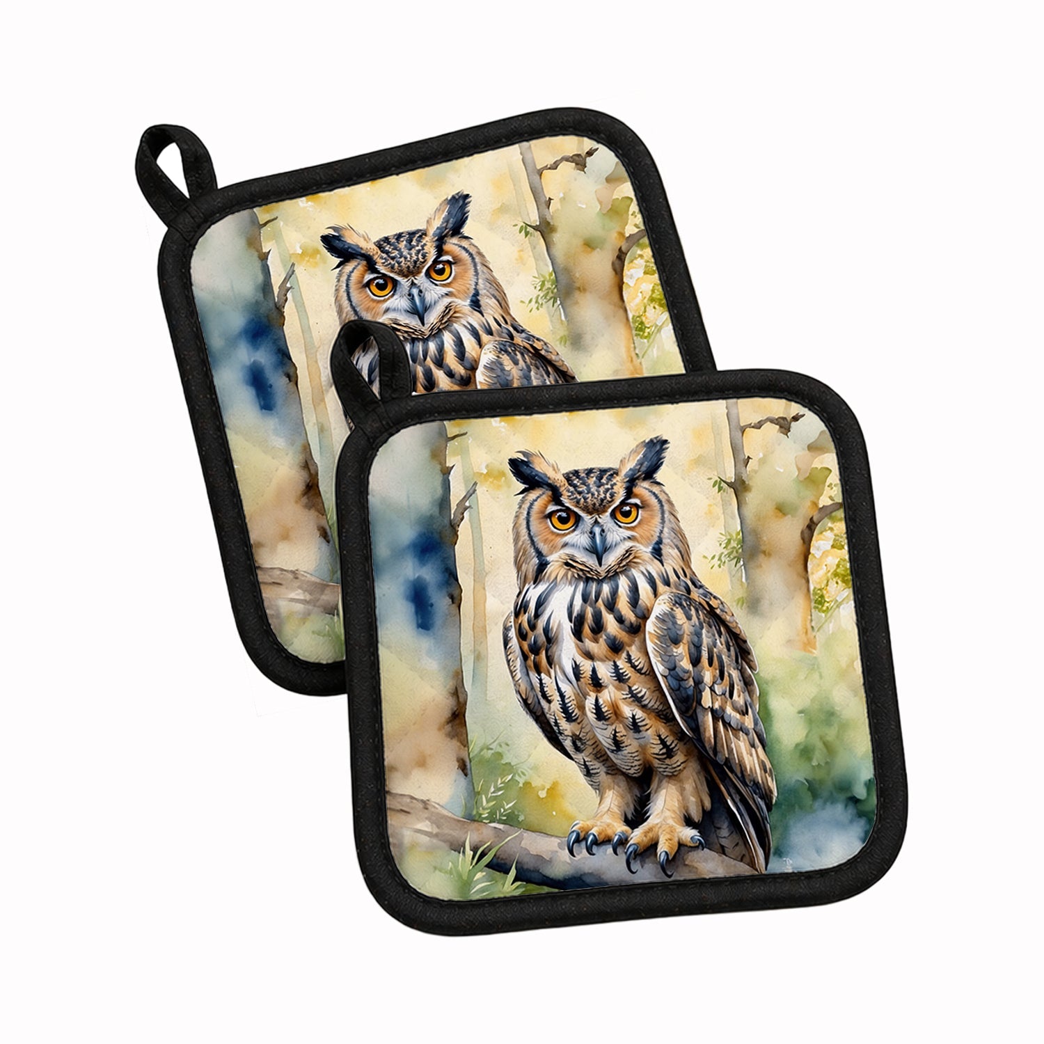Eurasian Eagle Owl Pot Holder Set of 2 Heat Resistant Quilted Hot Pads 7.5 x 7.5 Inch, Insulated Kitchen Trivets for Cooking & Baking