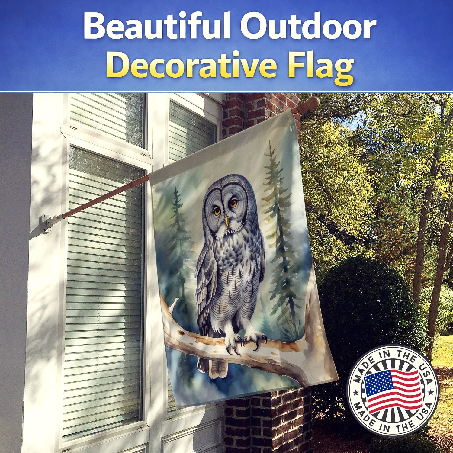 Great Gray Owl House Flag 28x40 Porch Sleeve Pole Decorative Outside Yard Banner Artwork Wall Hanging, Polyester