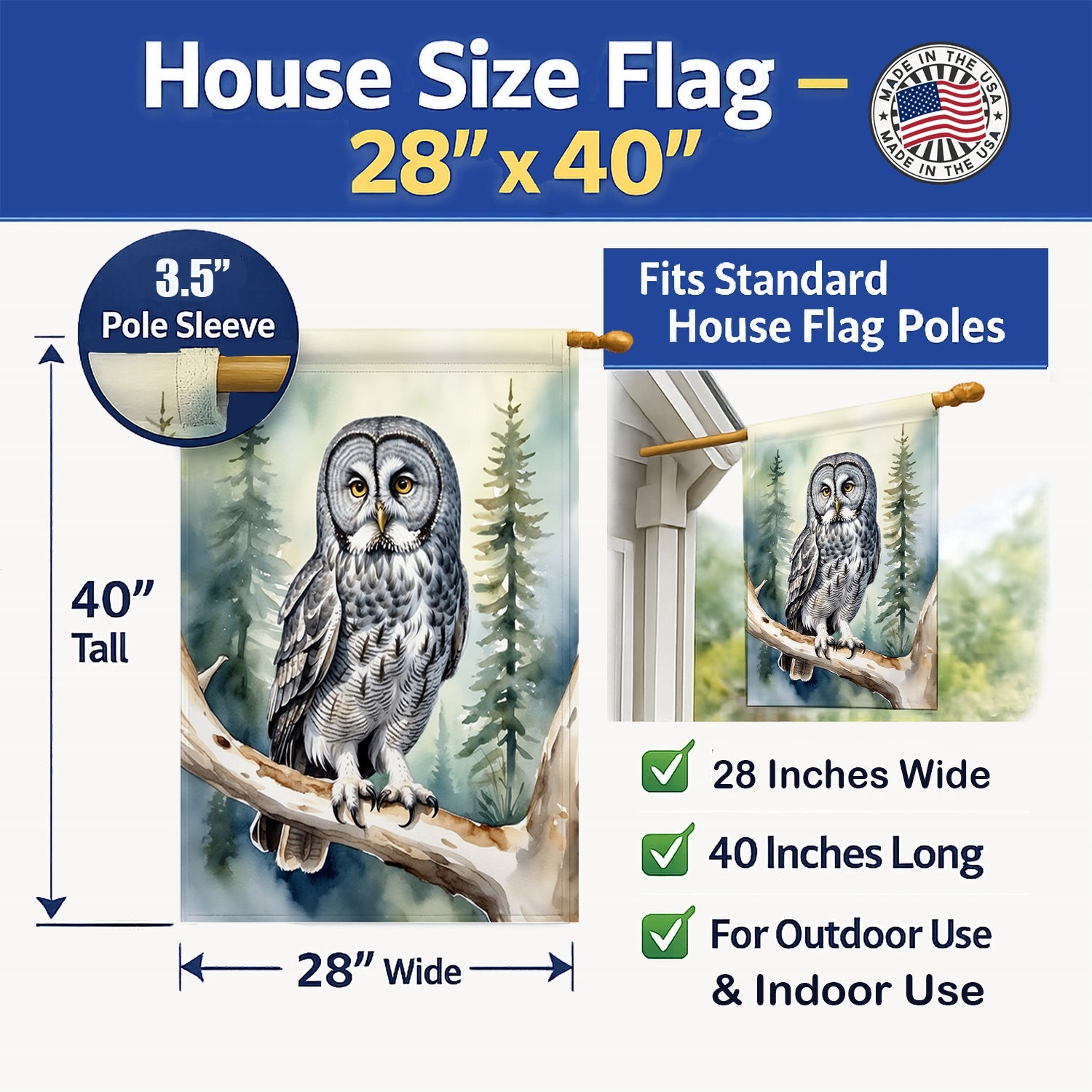 Great Gray Owl House Flag 28x40 Porch Sleeve Pole Decorative Outside Yard Banner Artwork Wall Hanging, Polyester