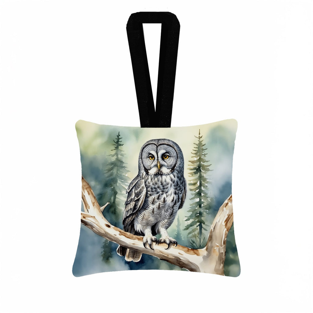 Great Gray Owl Hanging Square Fabric Ornament 3.5 × 3.5 Decorative Door-Knob & Tree Hanger, Soft Fabric