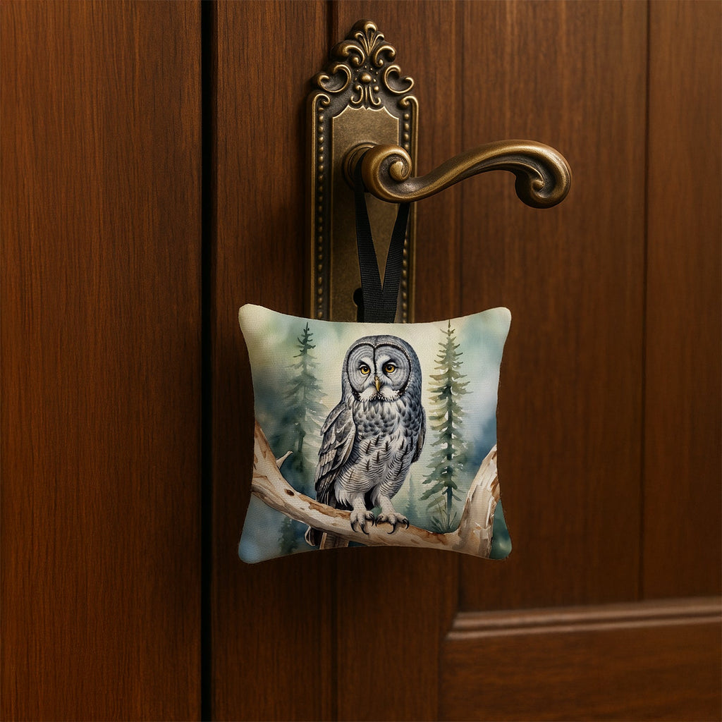 Great Gray Owl Hanging Square Fabric Ornament 3.5 × 3.5 Decorative Door-Knob & Tree Hanger, Soft Fabric