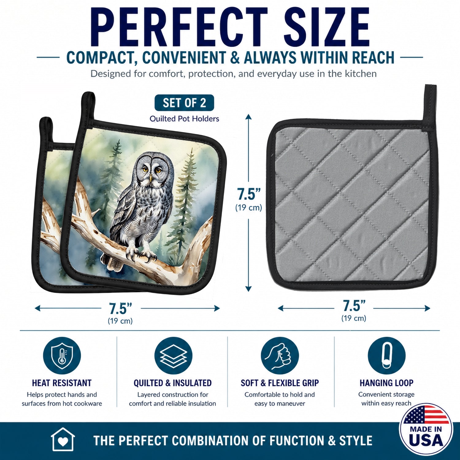 Great Gray Owl Pot Holder Set of 2 Heat Resistant Quilted Hot Pads 7.5 x 7.5 Inch, Insulated Kitchen Trivets for Cooking & Baking