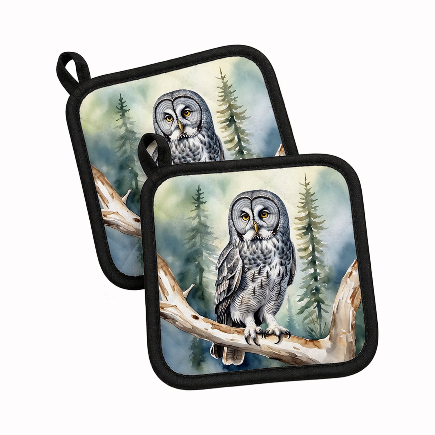 Great Gray Owl Pot Holder Set of 2 Heat Resistant Quilted Hot Pads 7.5 x 7.5 Inch, Insulated Kitchen Trivets for Cooking & Baking