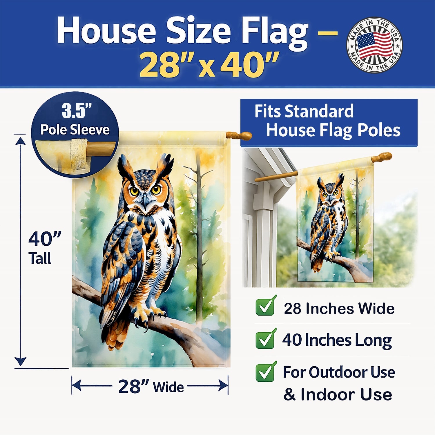 Great Horned Owl House Flag 28x40 Porch Sleeve Pole Decorative Outside Yard Banner Artwork Wall Hanging, Polyester