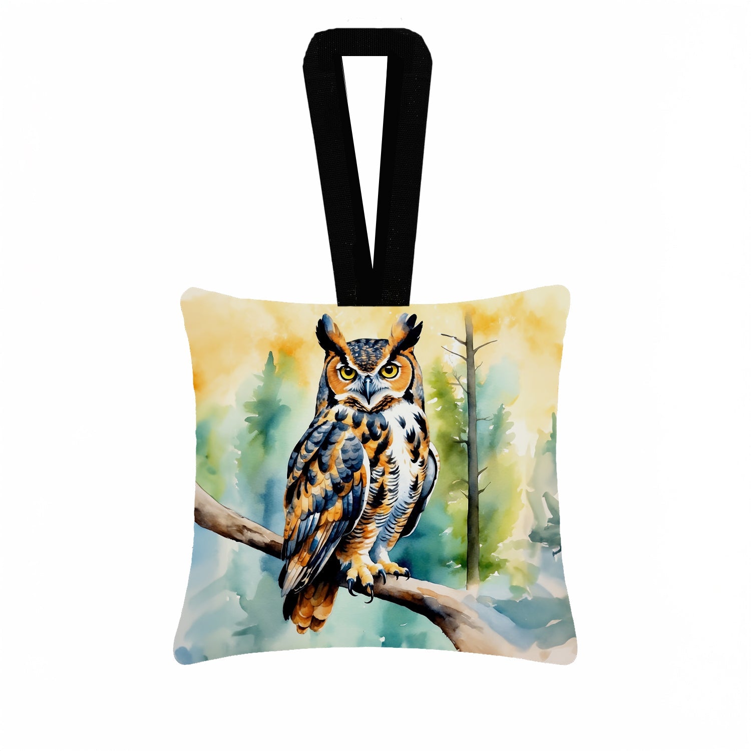 Great Horned Owl Hanging Square Fabric Ornament 3.5 × 3.5 Decorative Door-Knob & Tree Hanger, Soft Fabric