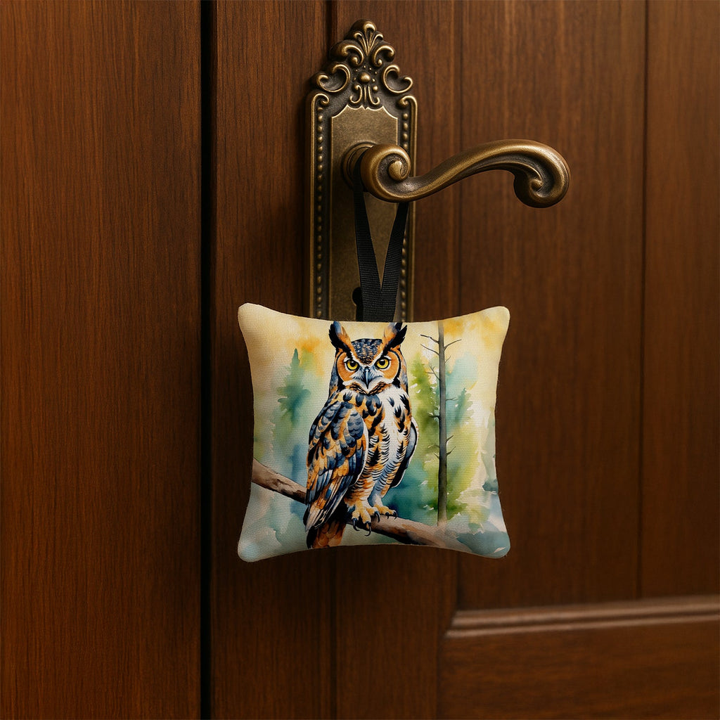 Great Horned Owl Hanging Square Fabric Ornament 3.5 × 3.5 Decorative Door-Knob & Tree Hanger, Soft Fabric