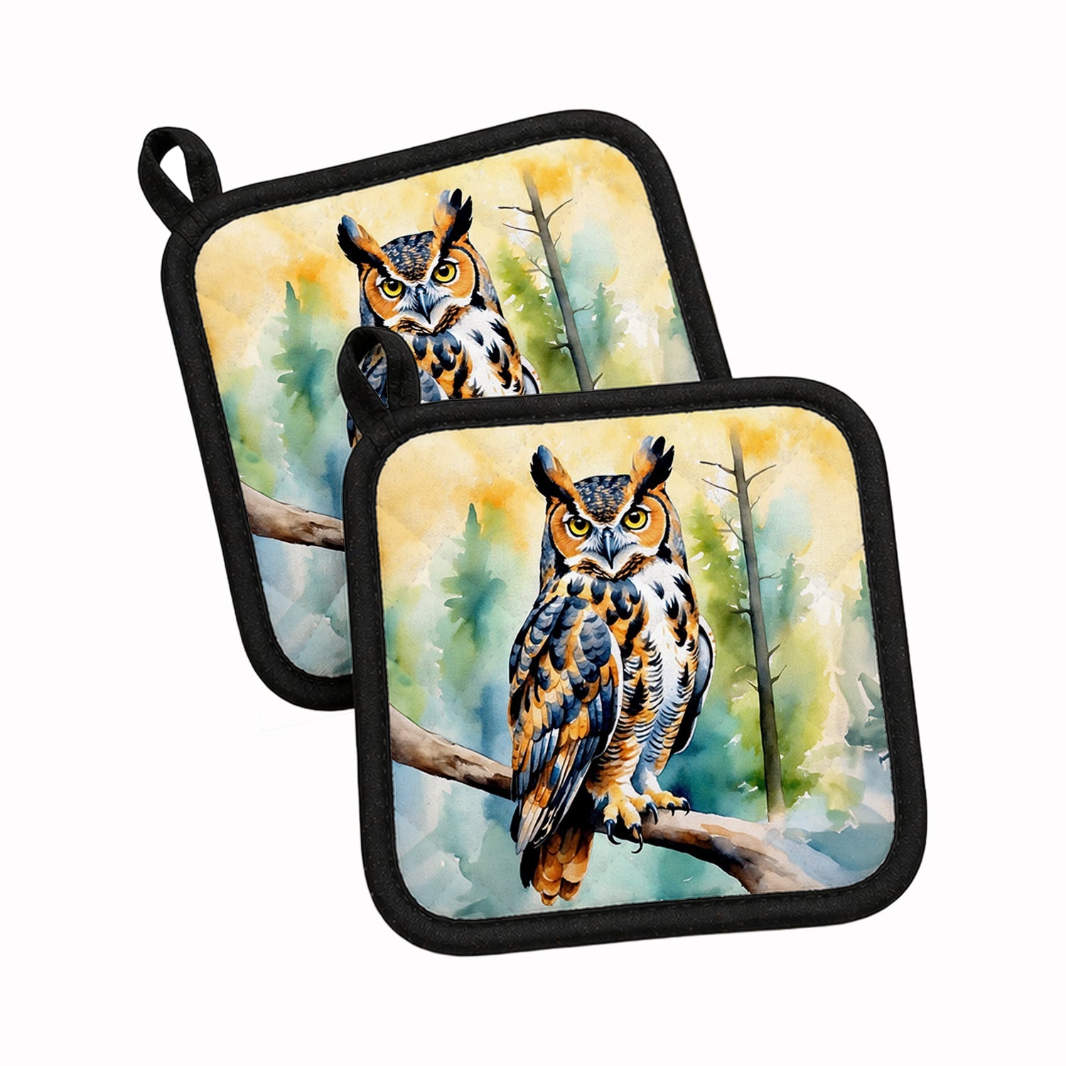Great Horned Owl Pot Holder Set of 2 Heat Resistant Quilted Hot Pads 7.5 x 7.5 Inch, Insulated Kitchen Trivets for Cooking & Baking