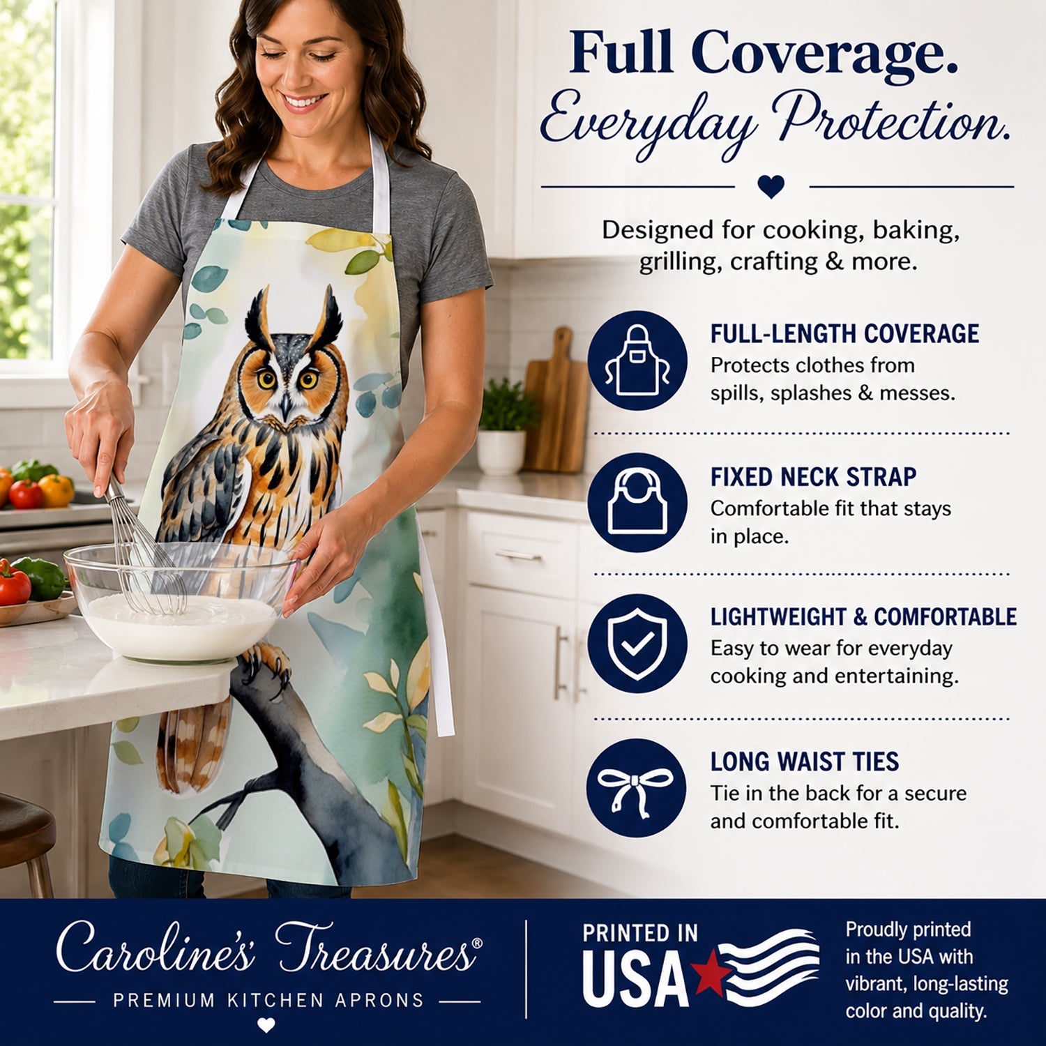 LongEared Owl Apron Cooking Kitchen Server Baking Crafts Gardening for Adult Women Men, Unisex, Large, Multicolor