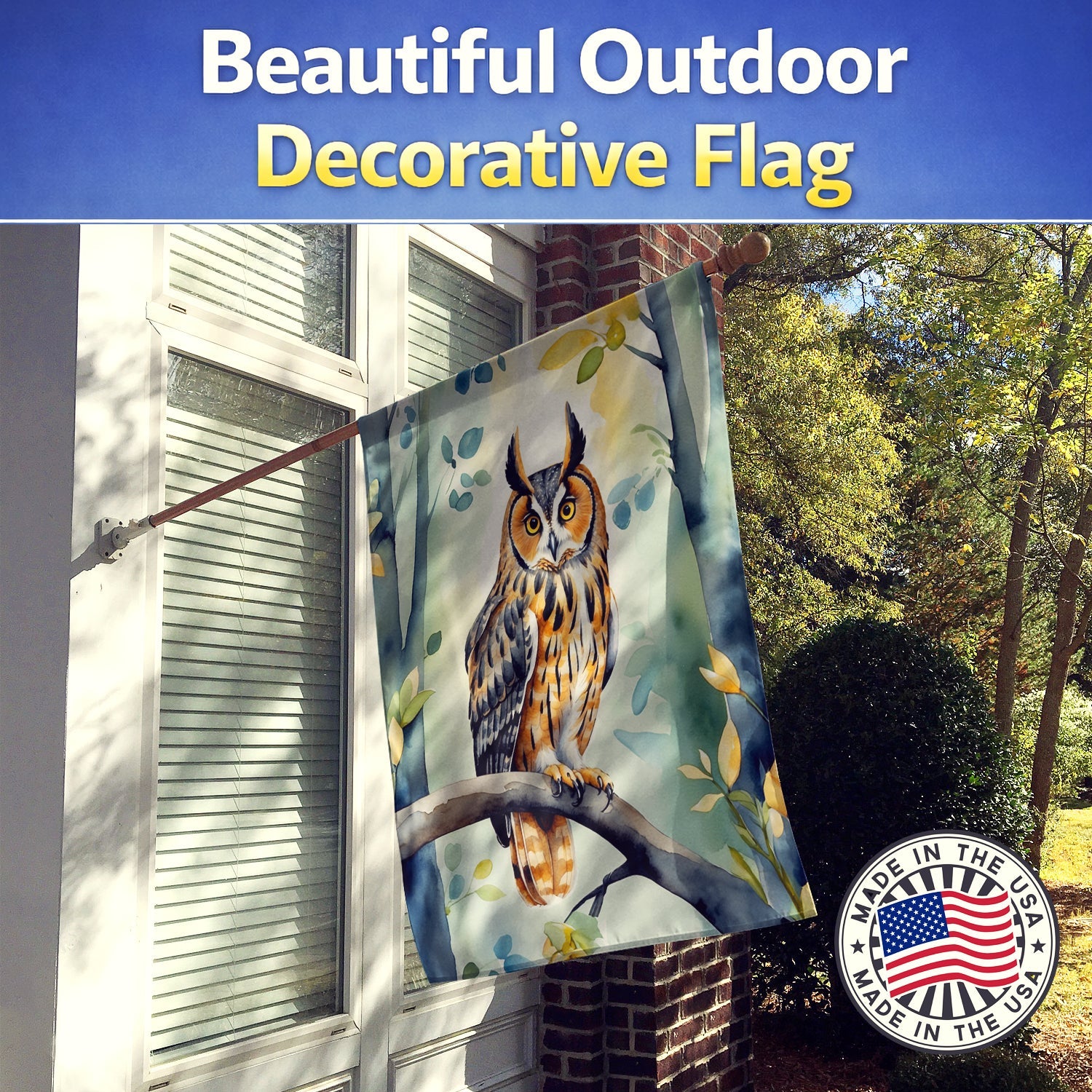 LongEared Owl House Flag 28x40 Porch Sleeve Pole Decorative Outside Yard Banner Artwork Wall Hanging, Polyester