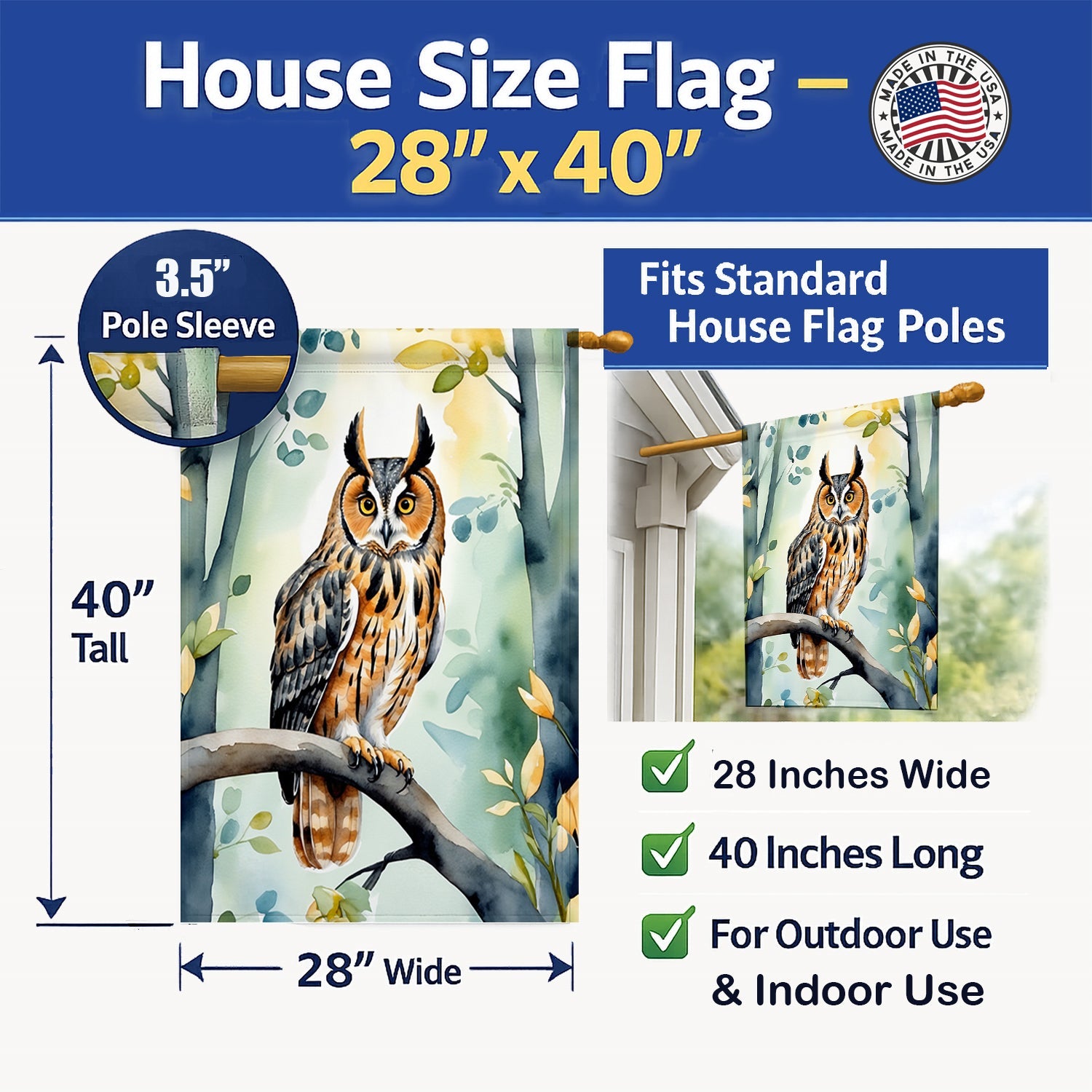 LongEared Owl House Flag 28x40 Porch Sleeve Pole Decorative Outside Yard Banner Artwork Wall Hanging, Polyester