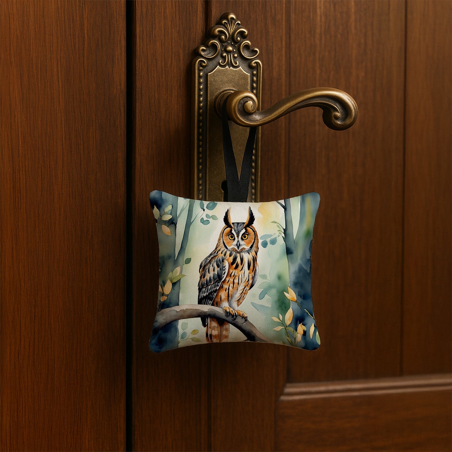 LongEared Owl Hanging Square Fabric Ornament 3.5 × 3.5 Decorative Door-Knob & Tree Hanger, Soft Fabric