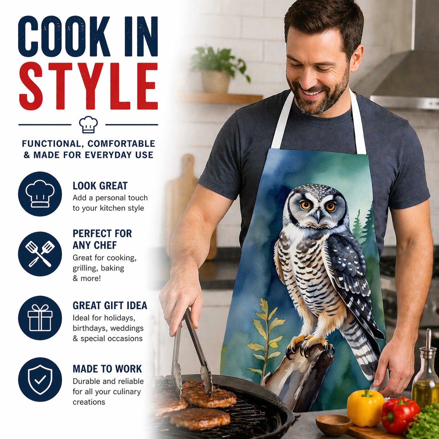 Northern Hawk Owl Apron Cooking Kitchen Server Baking Crafts Gardening for Adult Women Men, Unisex, Large, Multicolor