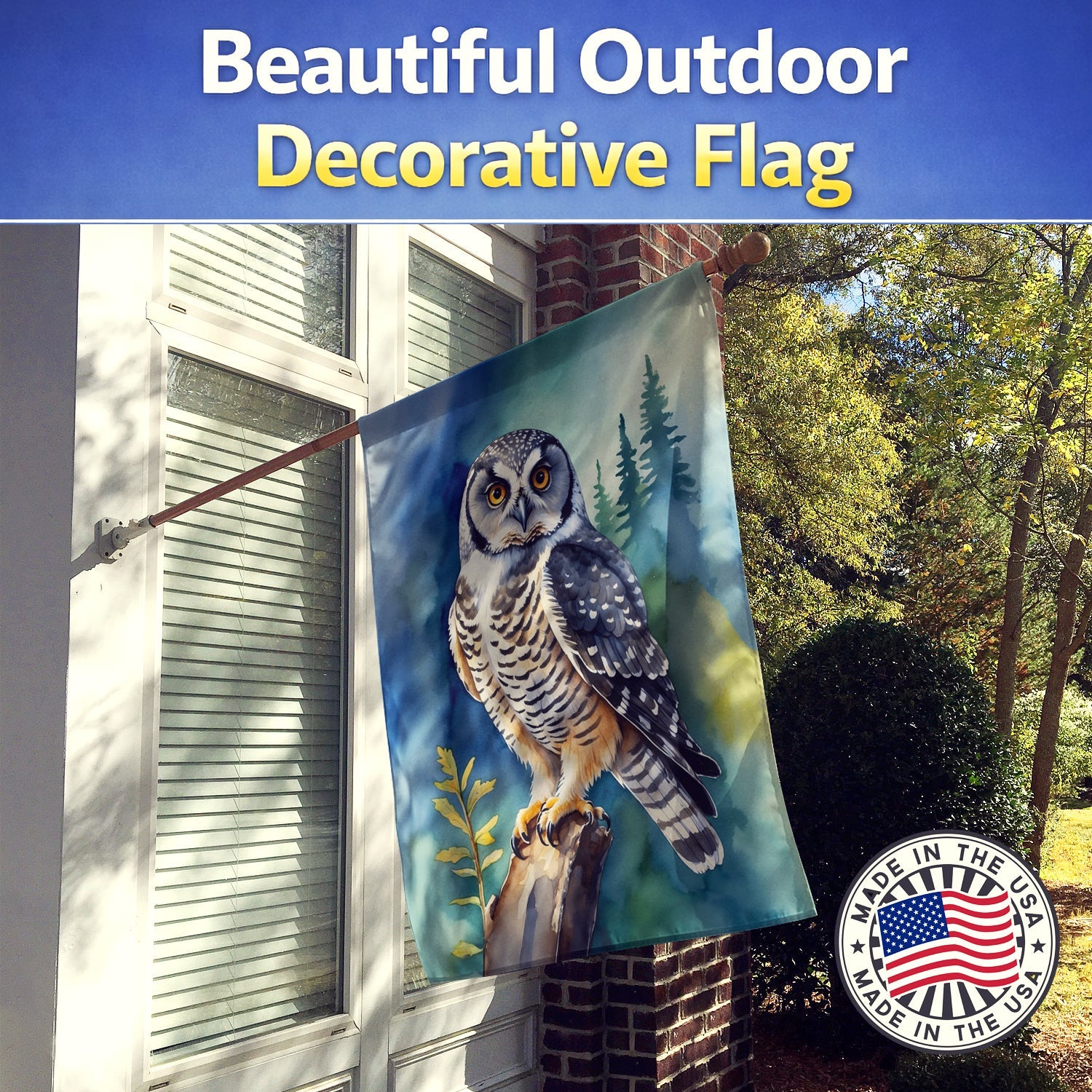 Northern Hawk Owl House Flag 28x40 Porch Sleeve Pole Decorative Outside Yard Banner Artwork Wall Hanging, Polyester
