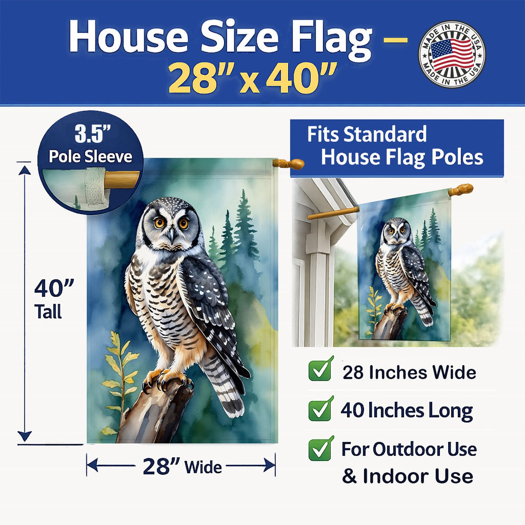 Northern Hawk Owl House Flag 28x40 Porch Sleeve Pole Decorative Outside Yard Banner Artwork Wall Hanging, Polyester