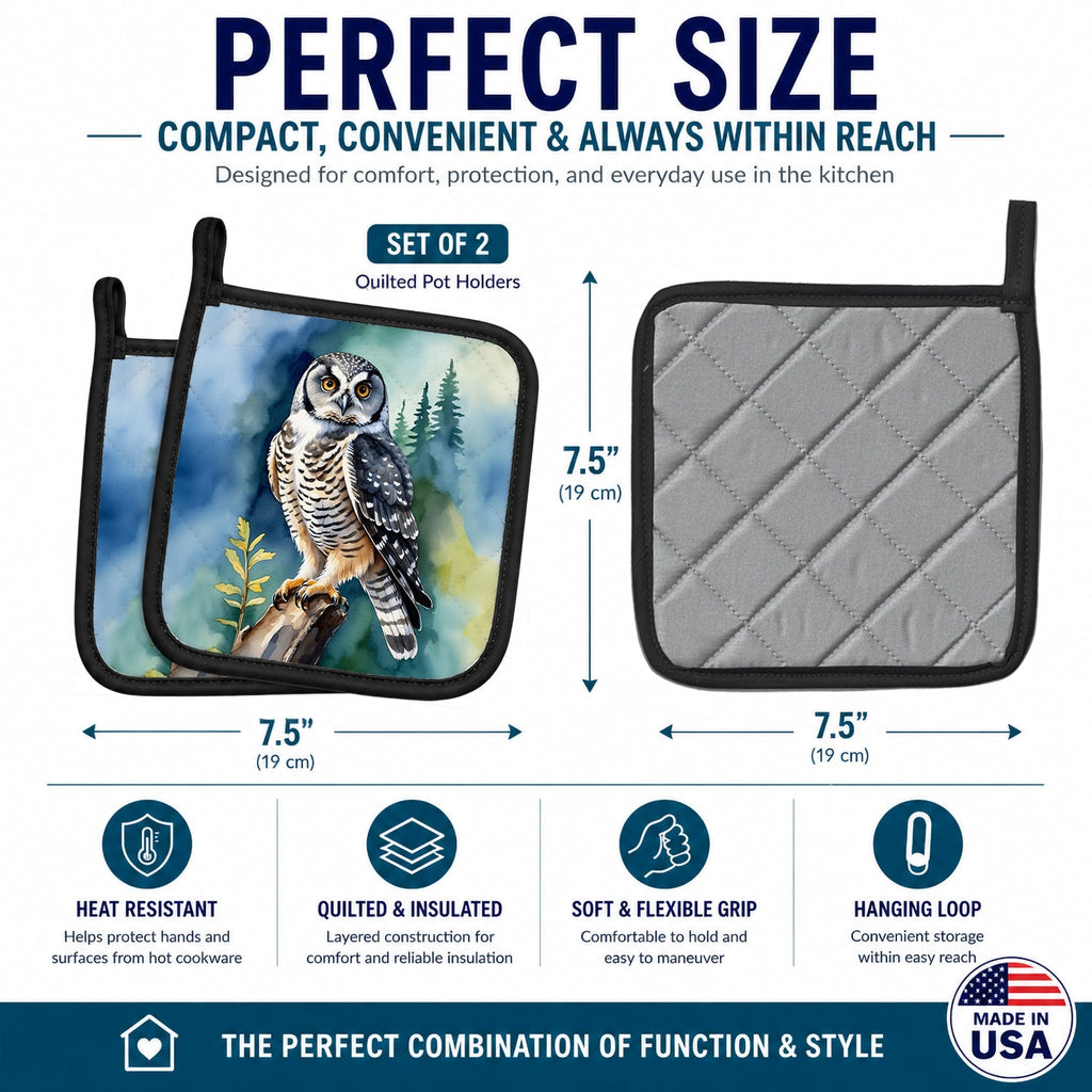 Northern Hawk Owl Pot Holder Set of 2 Heat Resistant Quilted Hot Pads 7.5 x 7.5 Inch, Insulated Kitchen Trivets for Cooking & Baking