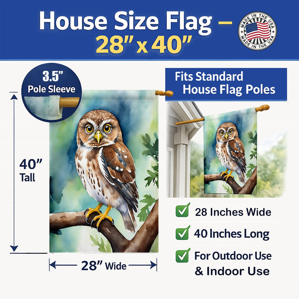 Northern Pygmy Owl House Flag 28x40 Porch Sleeve Pole Decorative Outside Yard Banner Artwork Wall Hanging, Polyester