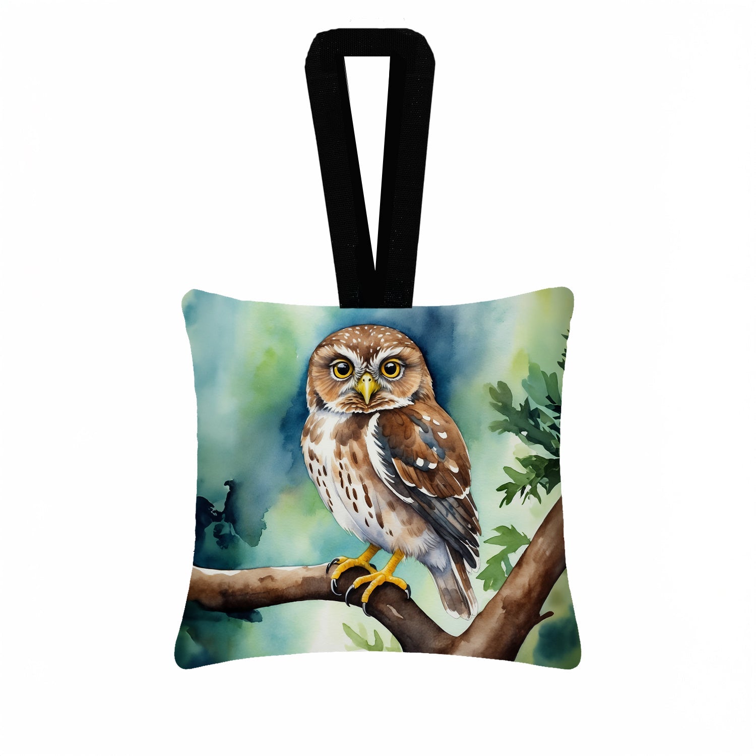 Northern Pygmy Owl Hanging Square Fabric Ornament 3.5 × 3.5 Decorative Door-Knob & Tree Hanger, Soft Fabric
