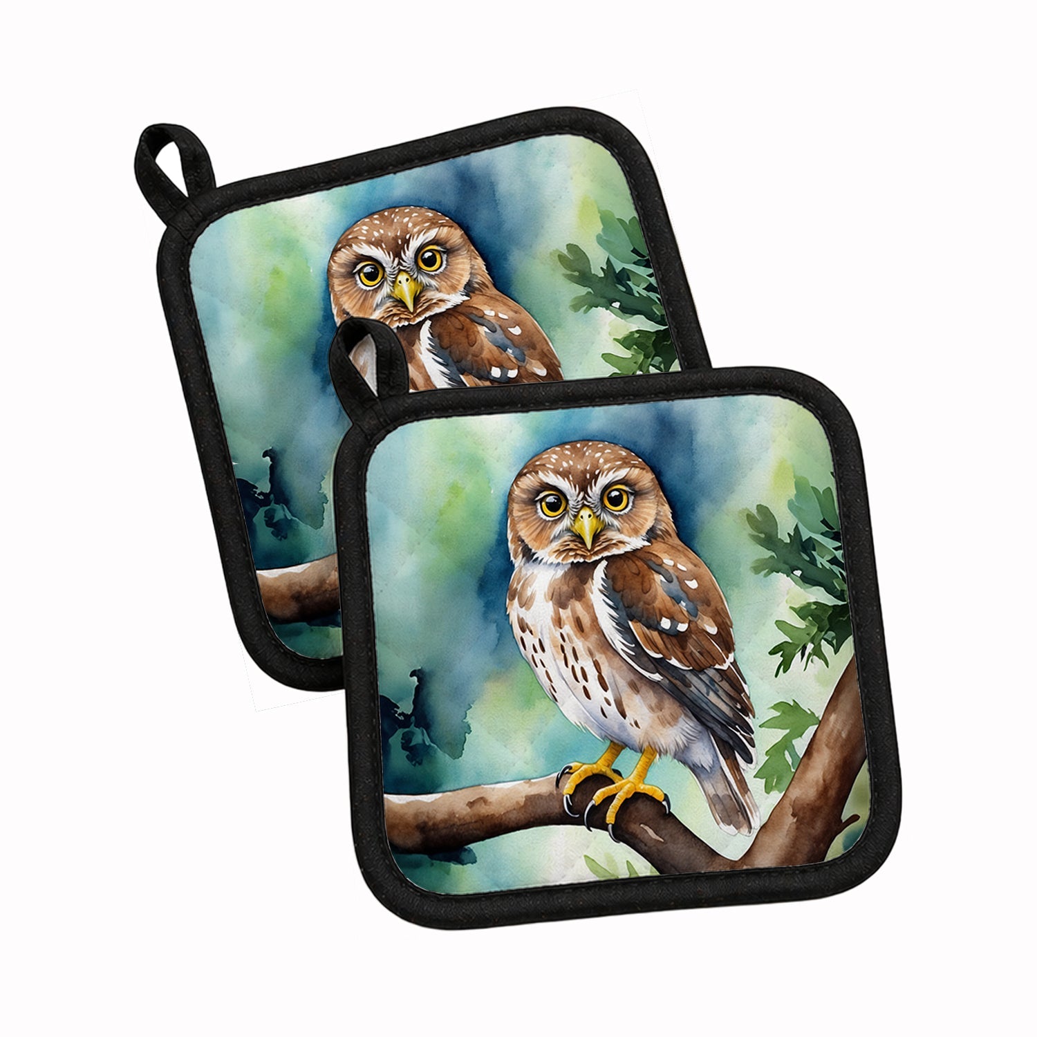 Northern Pygmy Owl Pot Holder Set of 2 Heat Resistant Quilted Hot Pads 7.5 x 7.5 Inch, Insulated Kitchen Trivets for Cooking & Baking
