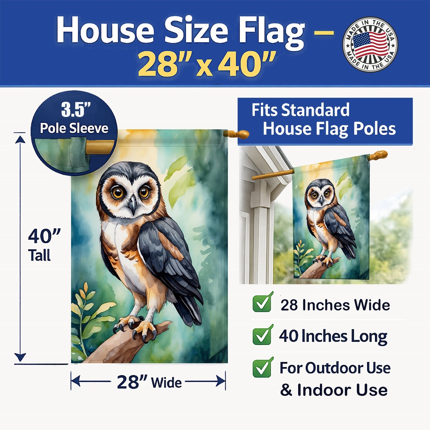 Spectacled Owl House Flag 28x40 Porch Sleeve Pole Decorative Outside Yard Banner Artwork Wall Hanging, Polyester