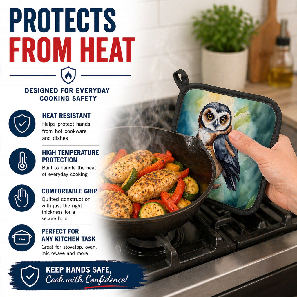Spectacled Owl Pot Holder Set of 2 Heat Resistant Quilted Hot Pads 7.5 x 7.5 Inch, Insulated Kitchen Trivets for Cooking & Baking