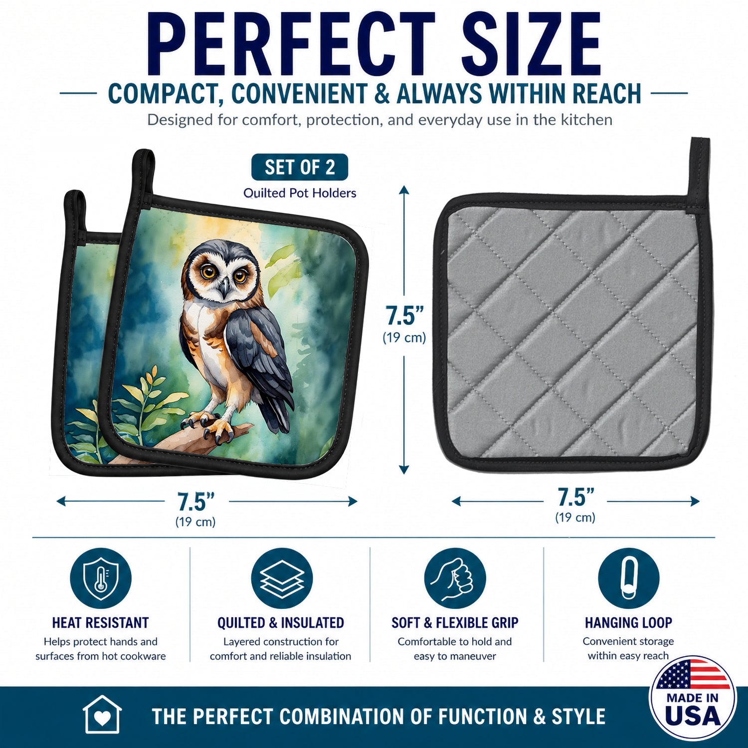 Spectacled Owl Pot Holder Set of 2 Heat Resistant Quilted Hot Pads 7.5 x 7.5 Inch, Insulated Kitchen Trivets for Cooking & Baking