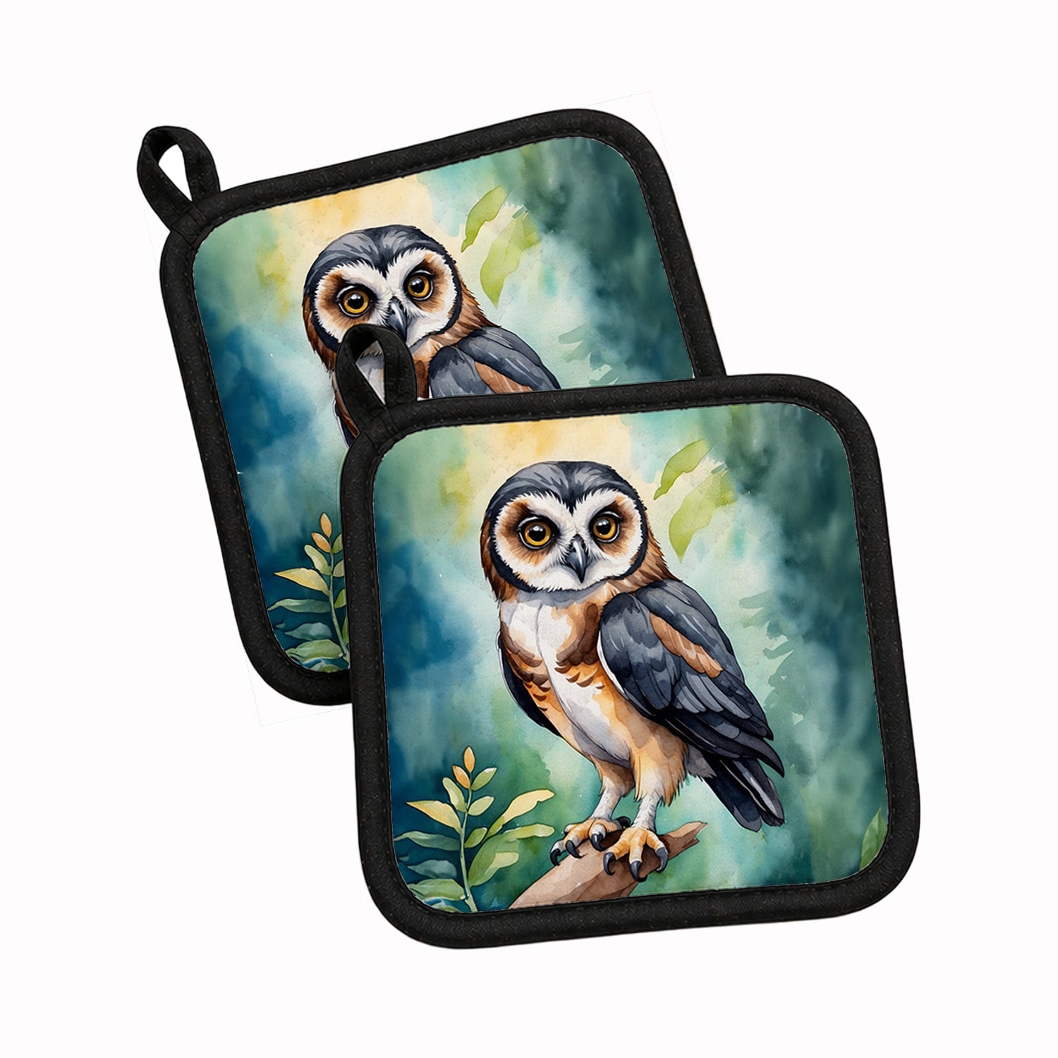 Spectacled Owl Pot Holder Set of 2 Heat Resistant Quilted Hot Pads 7.5 x 7.5 Inch, Insulated Kitchen Trivets for Cooking & Baking