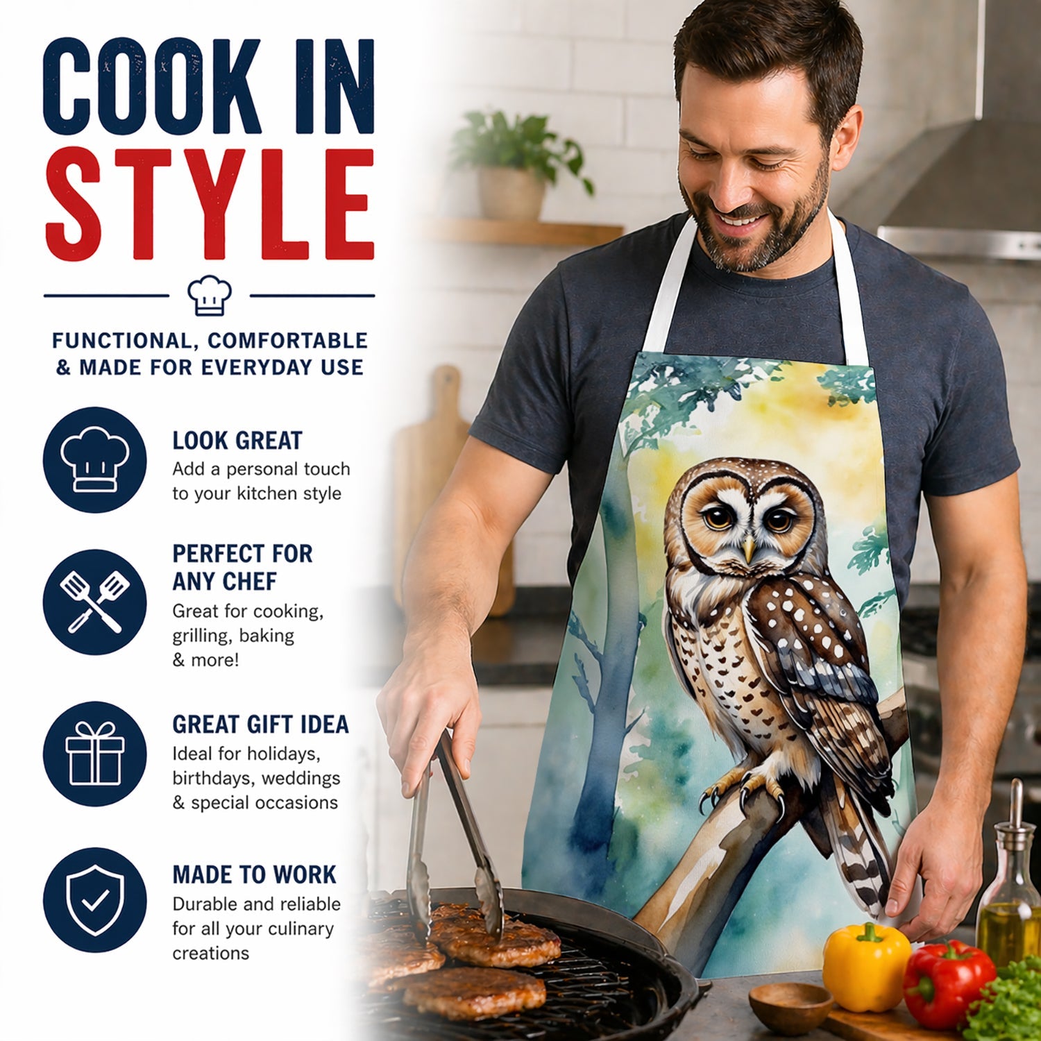 Spotted Owl Apron Cooking Kitchen Server Baking Crafts Gardening for Adult Women Men, Unisex, Large, Multicolor
