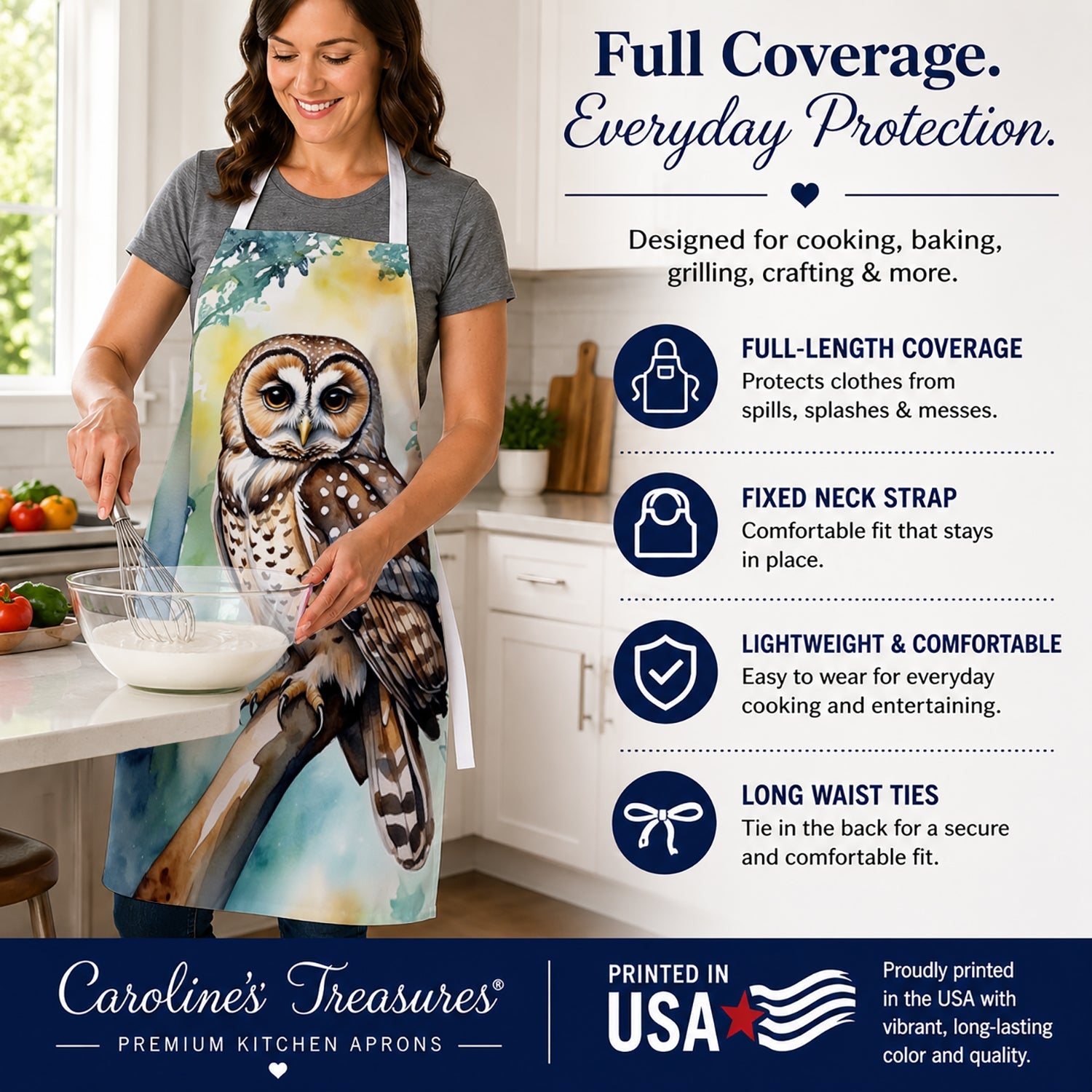 Spotted Owl Apron Cooking Kitchen Server Baking Crafts Gardening for Adult Women Men, Unisex, Large, Multicolor