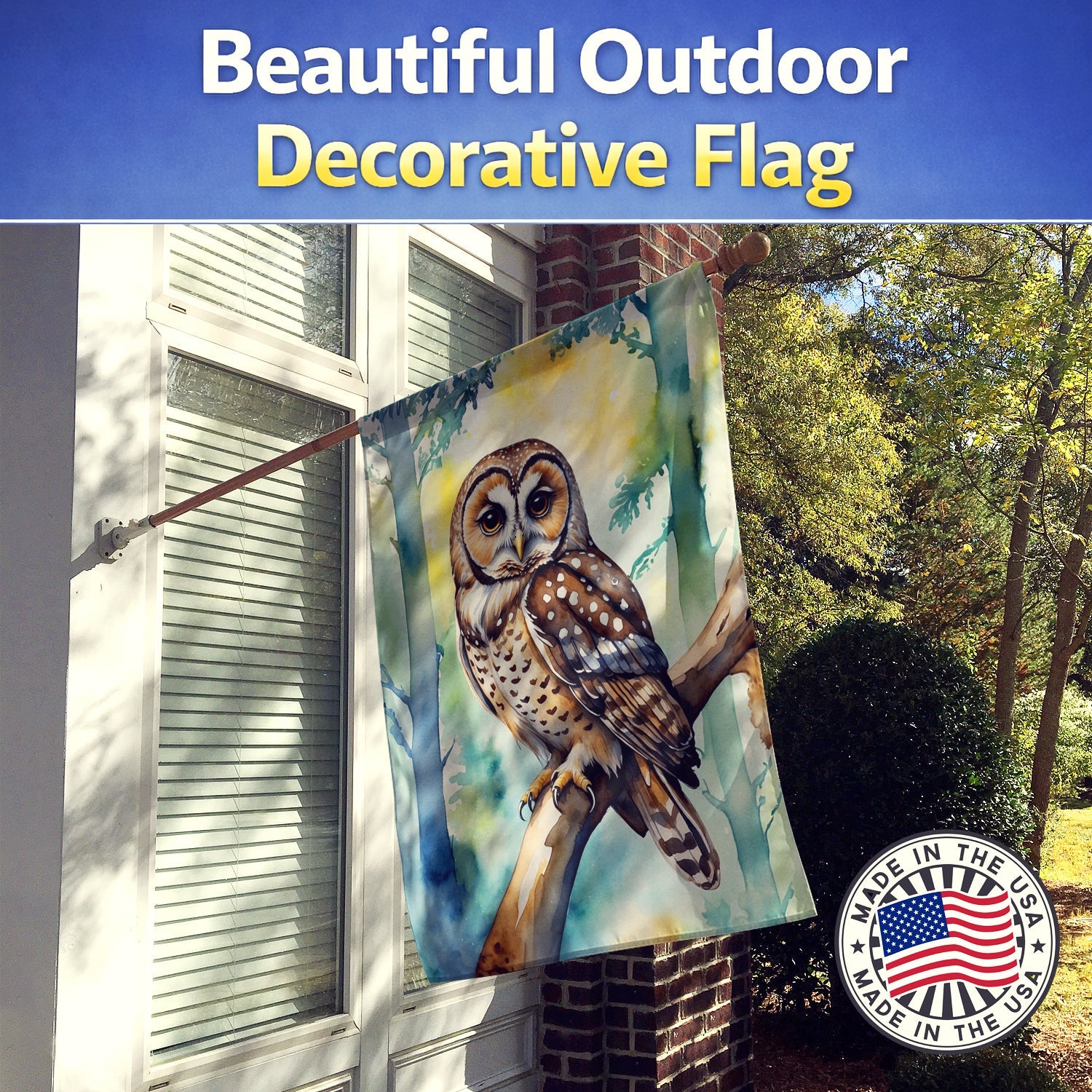 Spotted Owl House Flag 28x40 Porch Sleeve Pole Decorative Outside Yard Banner Artwork Wall Hanging, Polyester