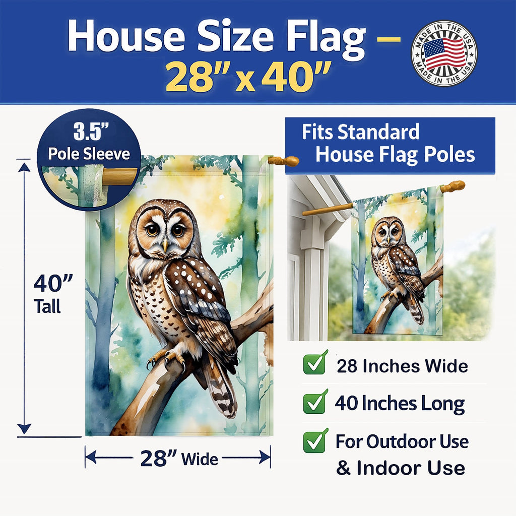 Spotted Owl House Flag 28x40 Porch Sleeve Pole Decorative Outside Yard Banner Artwork Wall Hanging, Polyester