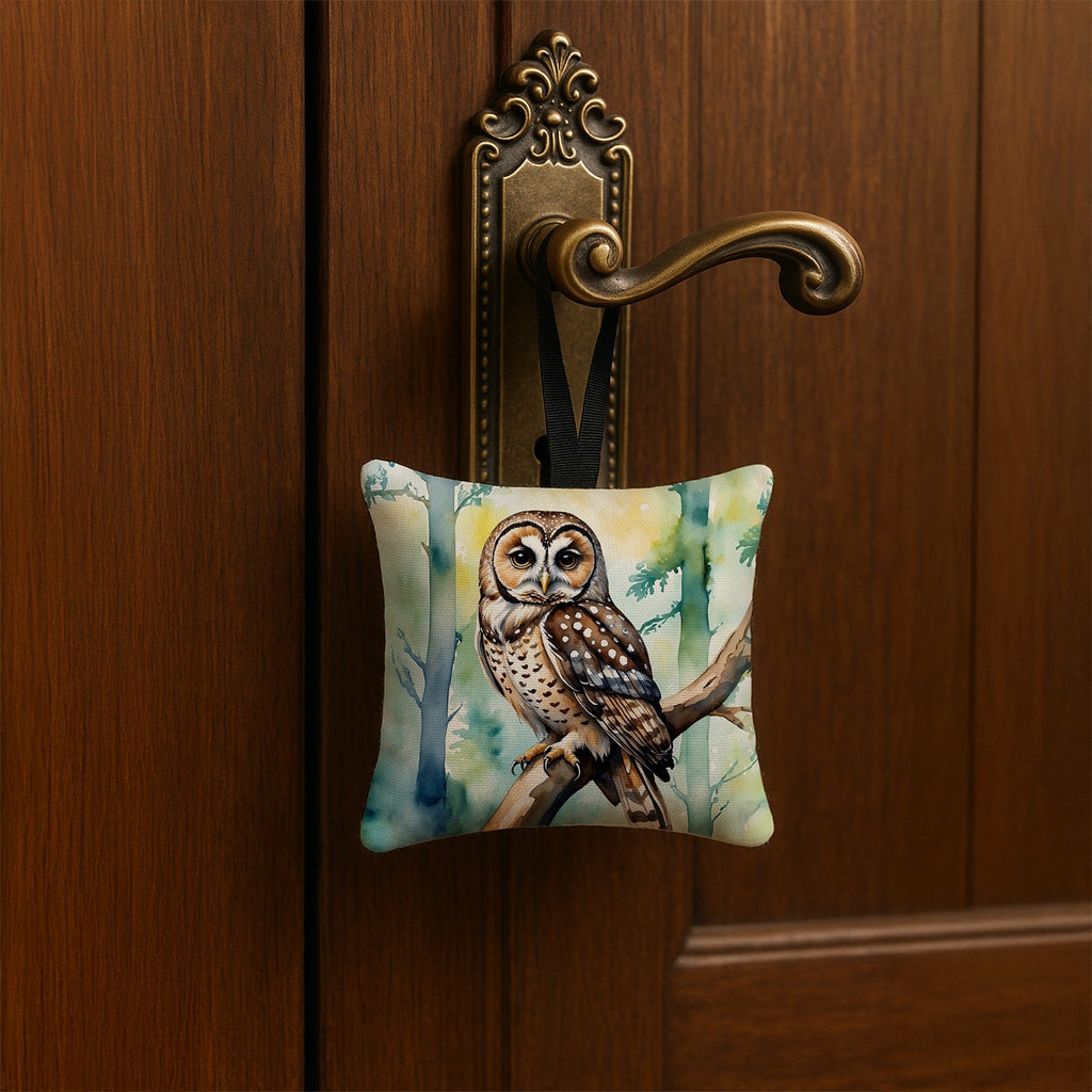 Spotted Owl Hanging Square Fabric Ornament 3.5 × 3.5 Decorative Door-Knob & Tree Hanger, Soft Fabric