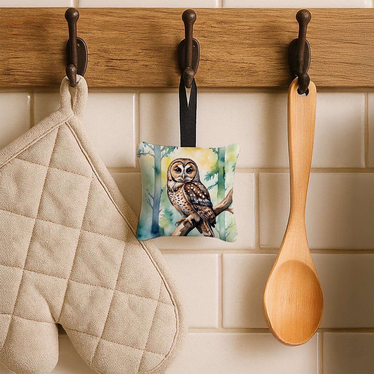 Spotted Owl Hanging Square Fabric Ornament 3.5 × 3.5 Decorative Door-Knob & Tree Hanger, Soft Fabric