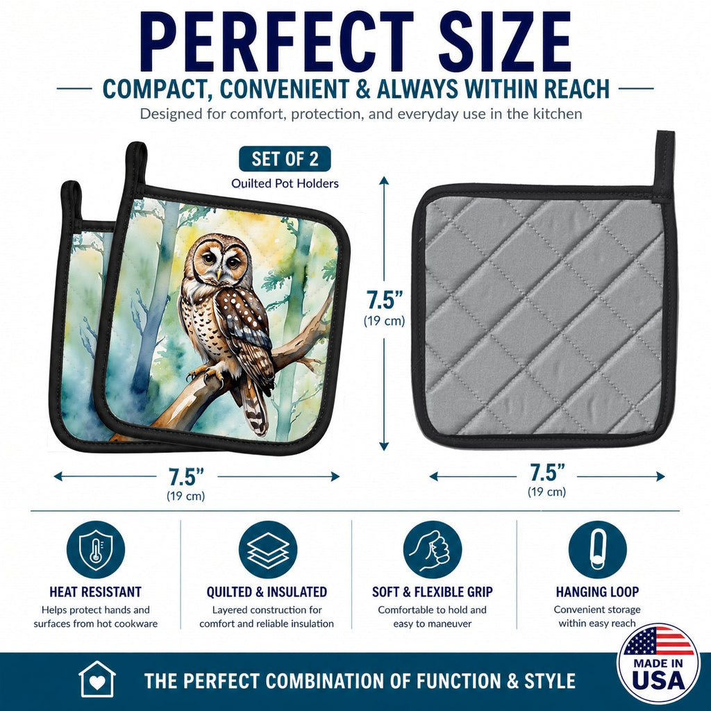 Spotted Owl Pot Holder Set of 2 Heat Resistant Quilted Hot Pads 7.5 x 7.5 Inch, Insulated Kitchen Trivets for Cooking & Baking
