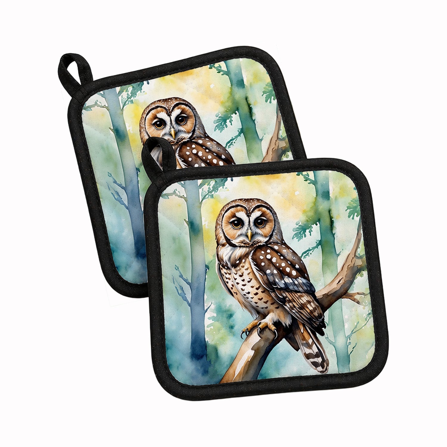 Spotted Owl Pot Holder Set of 2 Heat Resistant Quilted Hot Pads 7.5 x 7.5 Inch, Insulated Kitchen Trivets for Cooking & Baking
